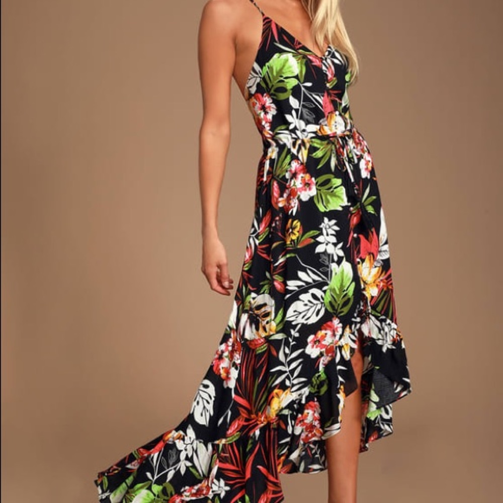 LuLus Tropical Print Button Up High-Low Midi Dress
